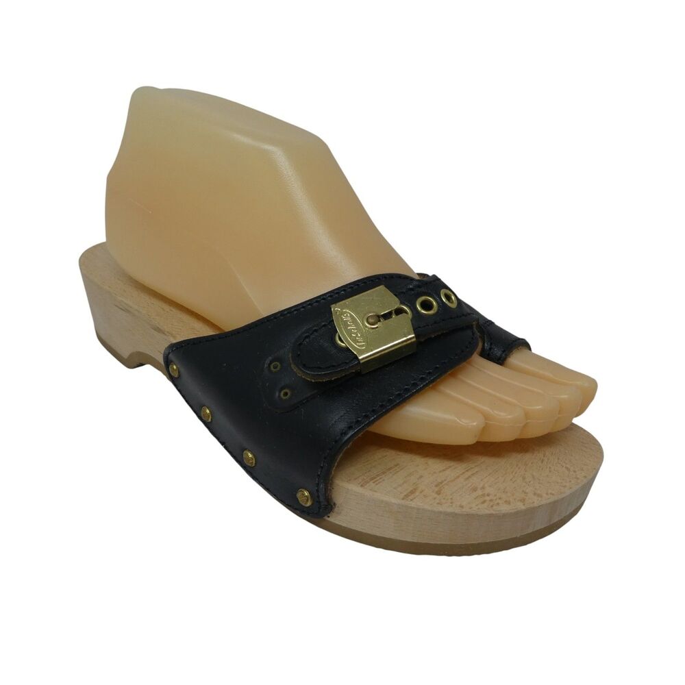 Dr. Scholl's Black Leather Slide Sandals with Gold Buckle